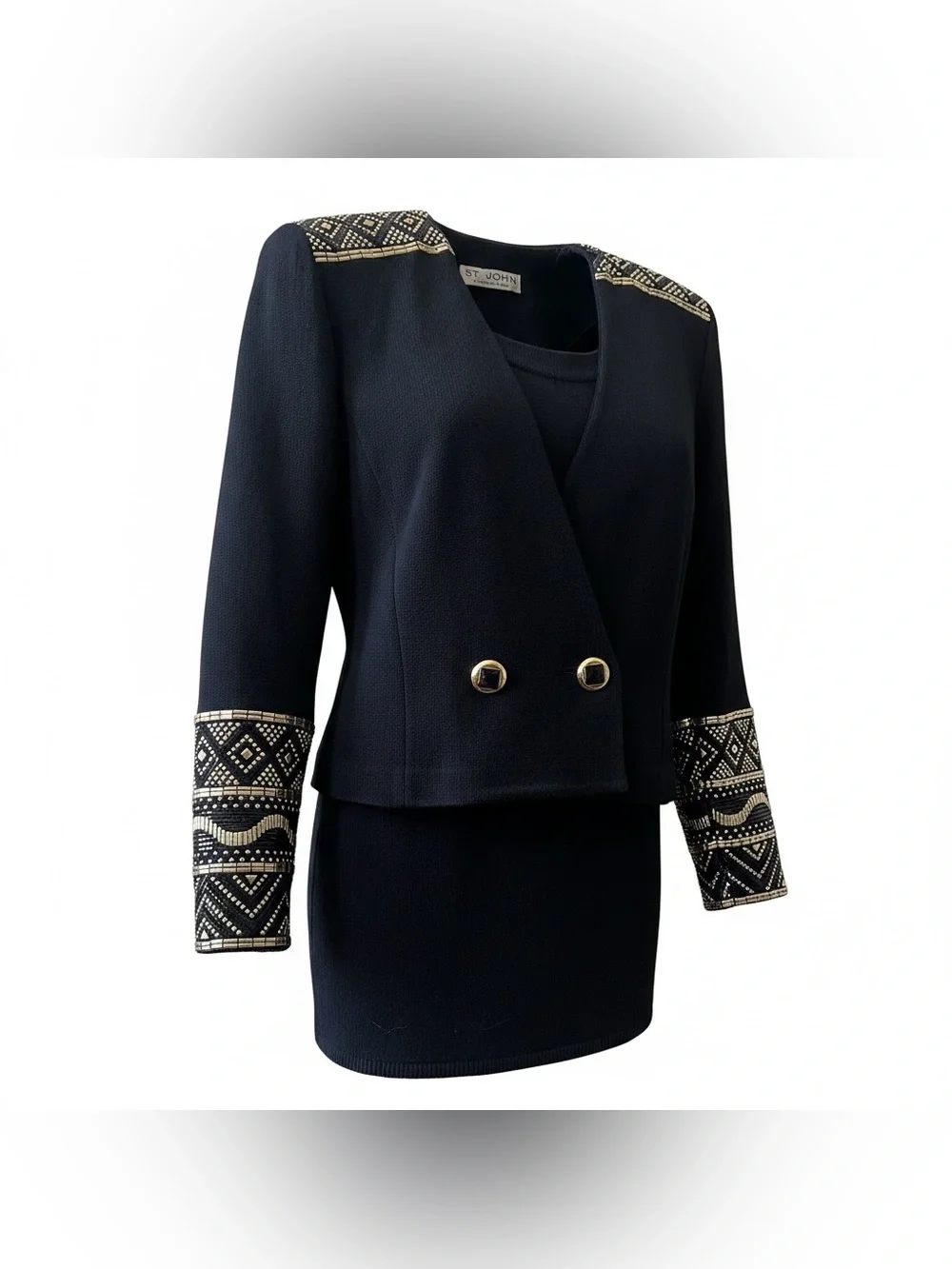St John Evening Black Double Breasted Knit Suit with Gold Beading SZ 6 Geometric - Picture 1 of 14